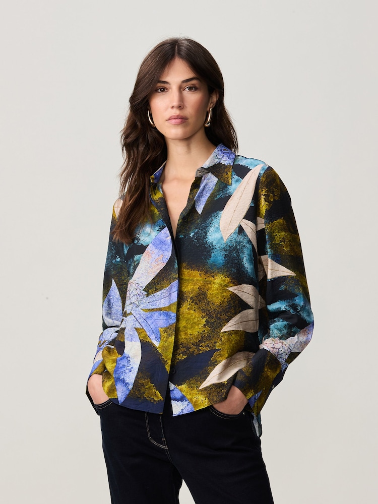 Blue/Green Leaf Print Long Sleeve Button Down Shirt - Image 2 of 9