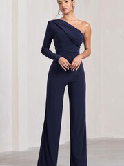 Club L London Navy Blue Mila One Shoulder Ruched Wide Leg Jumpsuit - Image 1 of 5