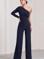 Club L London Navy Blue Mila One Shoulder Ruched Wide Leg Jumpsuit - Image 2 of 5