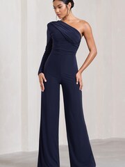 Club L London Navy Blue Mila One Shoulder Ruched Wide Leg Jumpsuit - Image 3 of 5