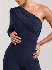 Club L London Navy Blue Mila One Shoulder Ruched Wide Leg Jumpsuit - Image 4 of 5