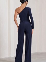 Club L London Navy Blue Mila One Shoulder Ruched Wide Leg Jumpsuit - Image 5 of 5
