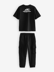 Black 100% Cotton Short Sleeve Utility T-Shirt and Joggers Set (3-16yrs) - Image 2 of 3