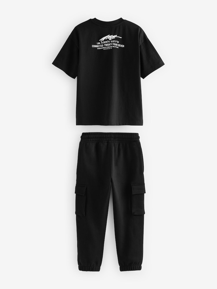 Black 100% Cotton Short Sleeve Utility T-Shirt and Joggers Set (3-16yrs) - Image 2 of 3