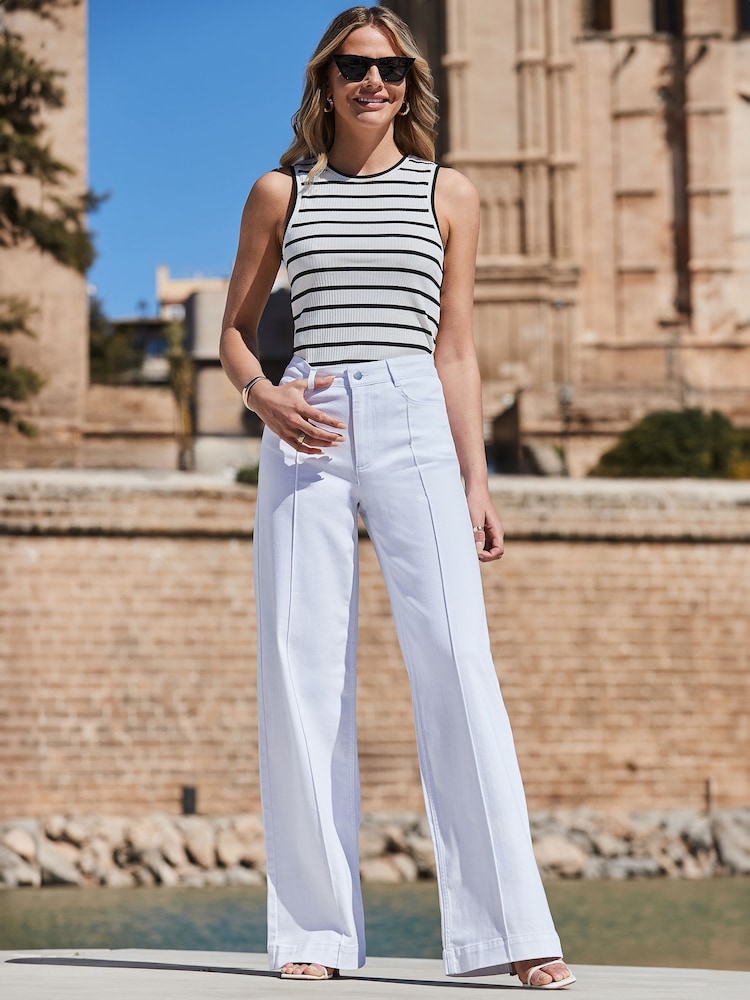 Sosandar White Wide Leg Pintuck Jeans - Image 1 of 5