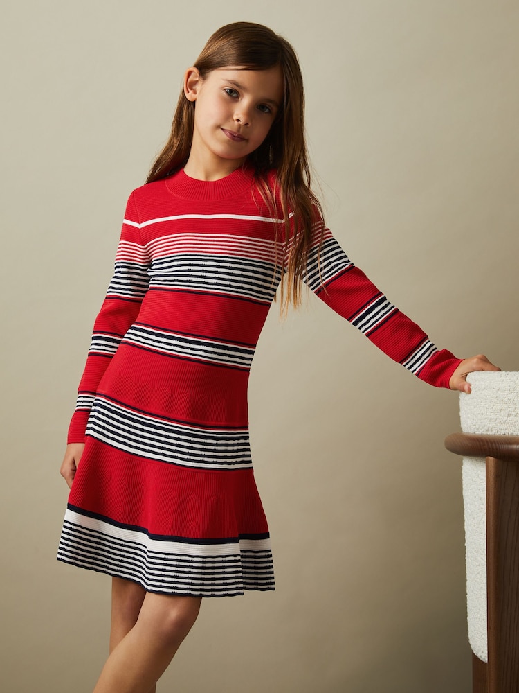 Reiss Red Remi 9-13 yrs Knitted Striped Skater Dress - Image 1 of 4