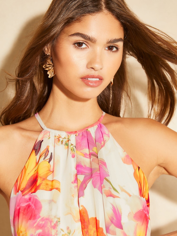 Lipsy White Floral Floral Halter Gathered Waist Midi Dress - Image 4 of 4