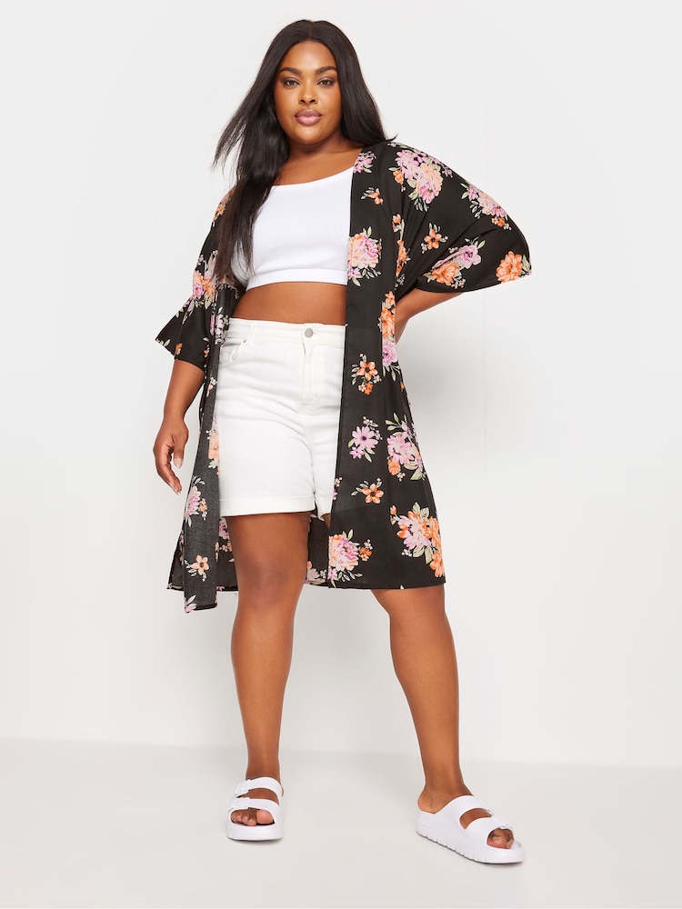 Yours Curve Black Red Floral Print Longline Kimono - Image 1 of 6