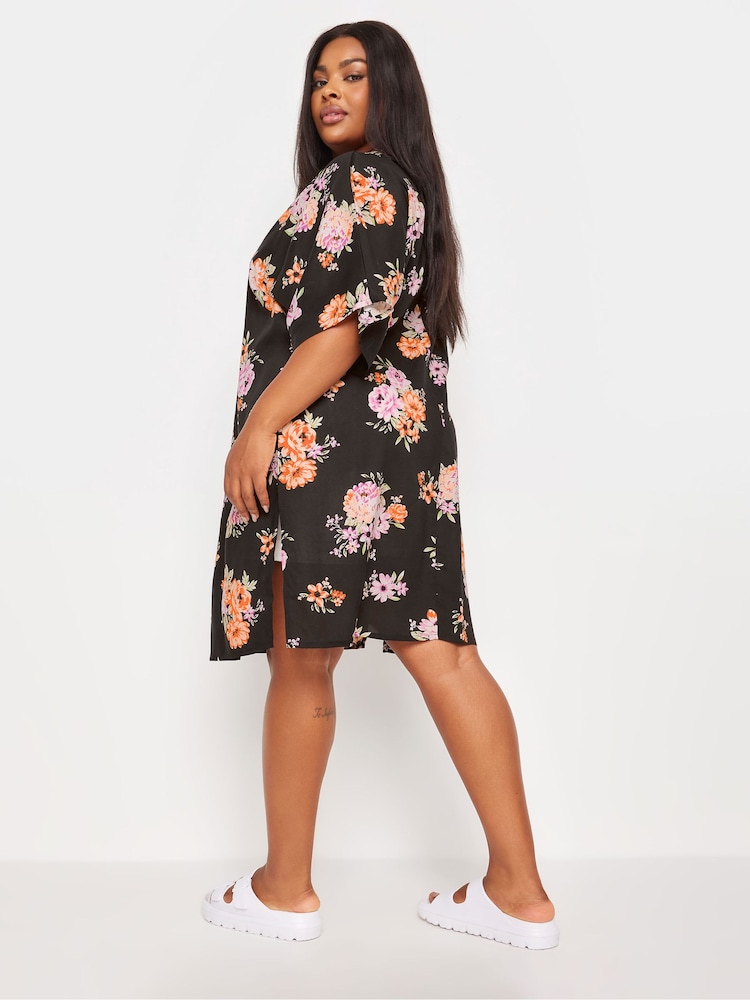 Yours Curve Black Red Floral Print Longline Kimono - Image 3 of 6