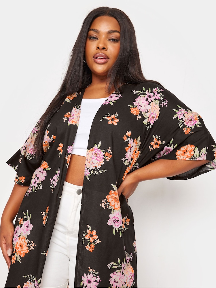 Yours Curve Black Red Floral Print Longline Kimono - Image 4 of 6