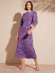 Love & Roses Purple Animal Empire Seam Flute Sleeve Midi Dress - Image 1 of 4