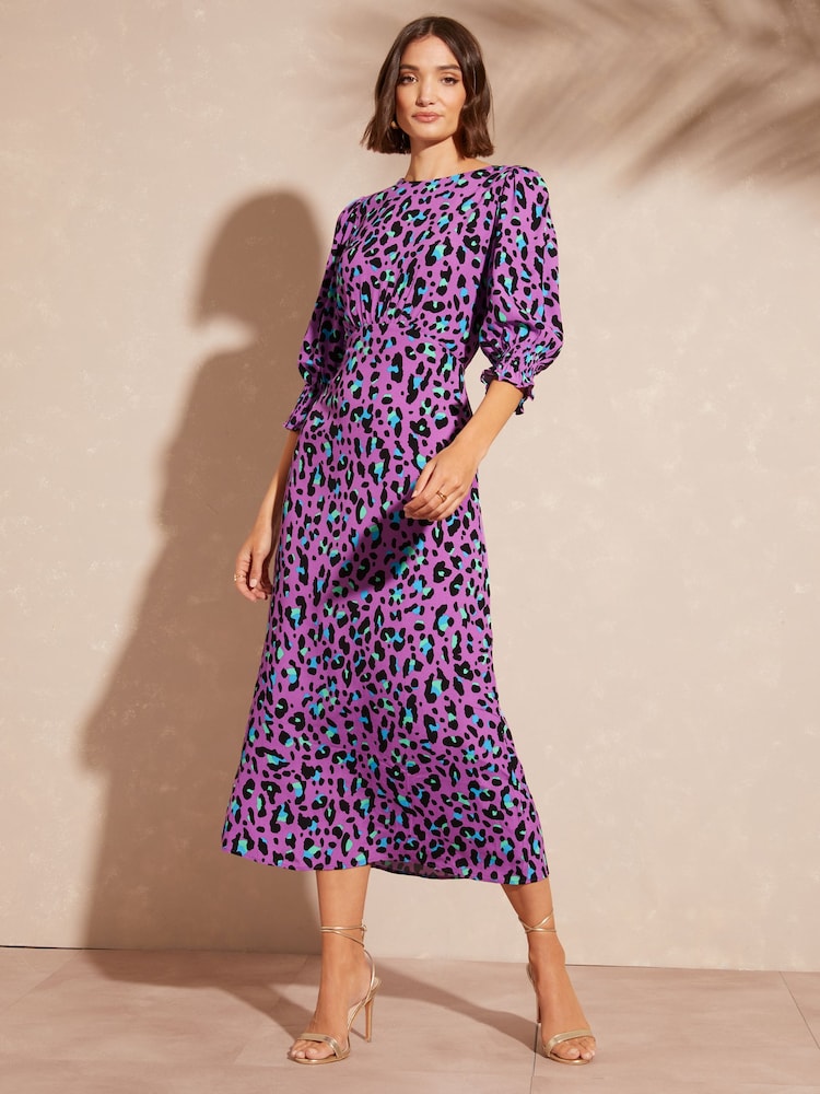 Love & Roses Purple Animal Empire Seam Flute Sleeve Midi Dress - Image 1 of 4
