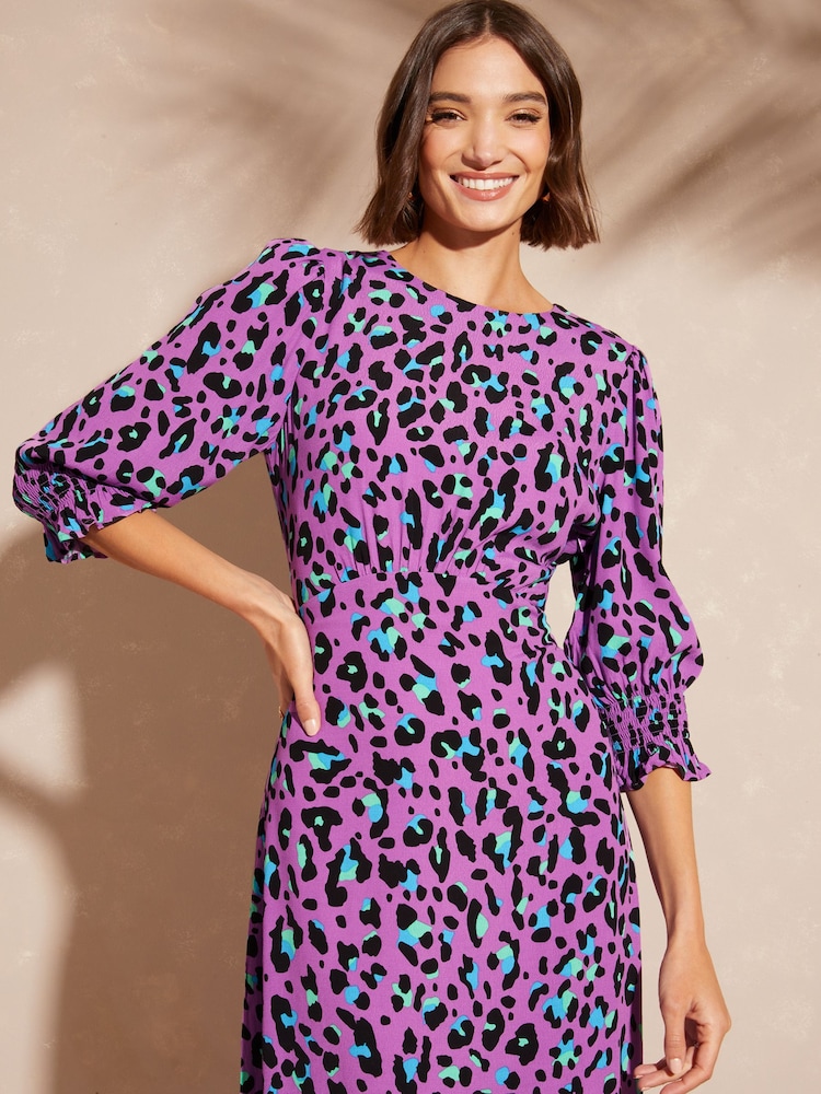 Love & Roses Purple Animal Empire Seam Flute Sleeve Midi Dress - Image 4 of 4