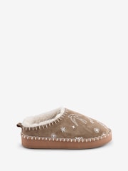 Never Fully Dressed Tan Brown Embroidered Mule Slippers - Image 1 of 2