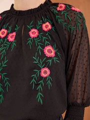 Love & Roses Black Petite Embroidered Ruffle Neck Blouse - Image 2 of 4