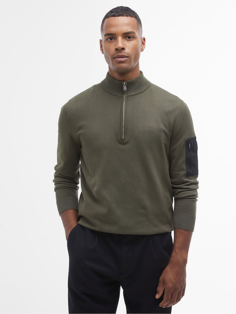 Barbour® International Olive Green Blades Cotton 1/4 Zip 100% Cotton Knit Jumper - Image 1 of 6