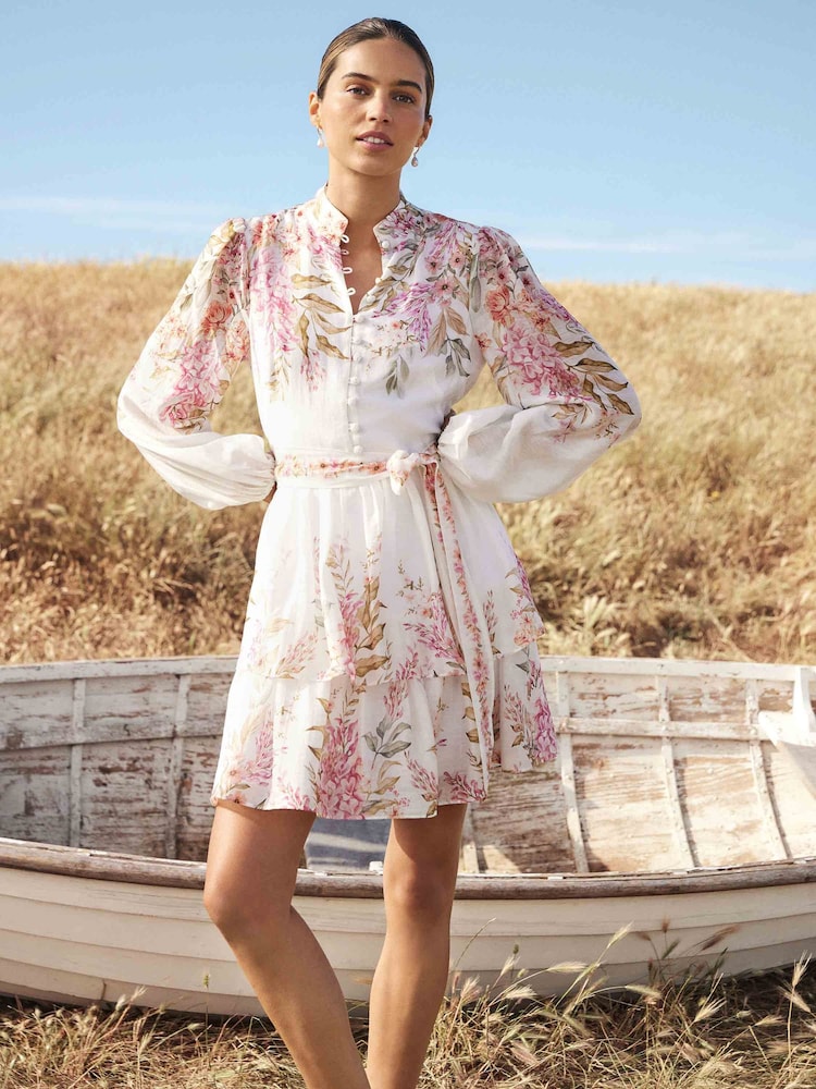 Forever New White Mini Isla Printed Long Sleeve Dress With A Touch of Linen - Image 1 of 5 Forever New White Mini Isla Printed Long Sleeve Dress With A Touch of Linen - Image 1 of 5