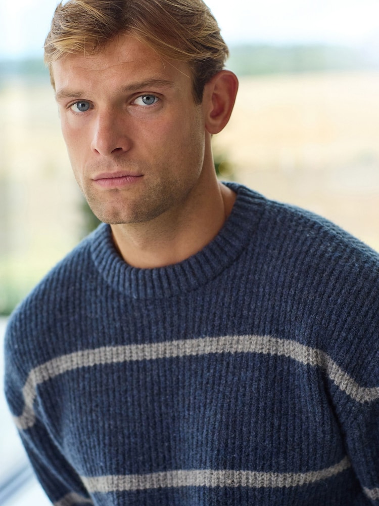 Blue Regular Fit Horizontal Stripe Crew Jumper with Wool - Image 1 of 9