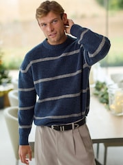 Blue Regular Fit Horizontal Stripe Crew Jumper with Wool - Image 3 of 9