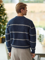 Blue Regular Fit Horizontal Stripe Crew Jumper with Wool - Image 4 of 9