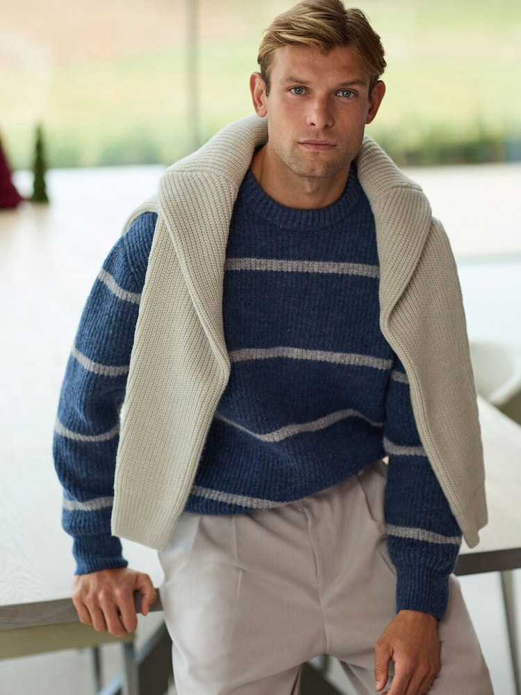 Blue Regular Fit Horizontal Stripe Crew Jumper with Wool - Image 5 of 9