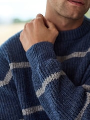 Blue Regular Fit Horizontal Stripe Crew Jumper with Wool - Image 6 of 9
