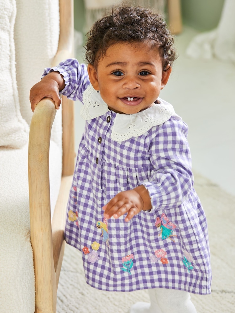 JoJo Maman Bébé Lilac Purple Fairy Applique Gingham Baby Dress & Tights Set - Image 2 of 8