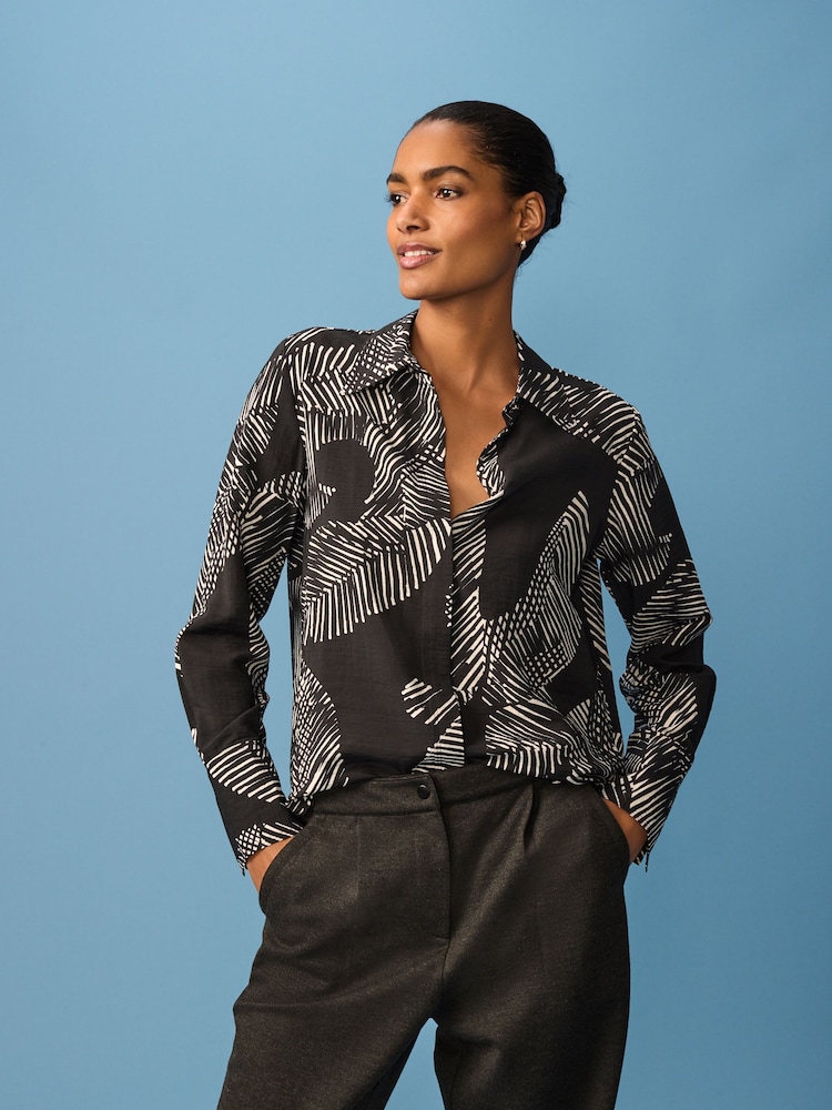 Monochrome Geometric Print Long Sleeve Button Down Shirt - Image 1 of 8