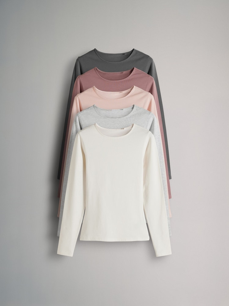 The Set Light Grey/Light Pink/Slate Grey/Cream/Mauve Pink 5 Pack Long Sleeve Crew Neck T-Shirts - Image 2 of 13