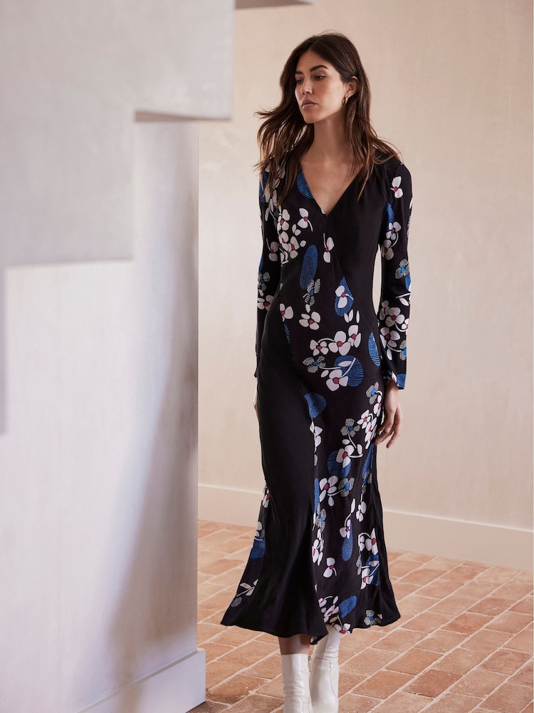 Mint Velvet Black Floral Midi Dress - Image 1 of 3 Mint Velvet Black Floral Midi Dress - Image 1 of 3