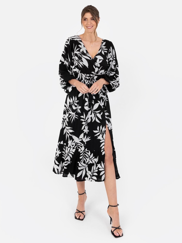 Lovedrobe Balloon Sleeve Thigh Split Black Midi Dress - Image 1 of 4