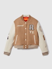 Reiss x McLaren F1 Team Camel/Ecru McLaren F1 Leather Varsity Jacket - Image 2 of 7