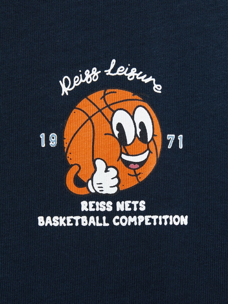Reiss Washed Navy Nets 3-9 yrs Oversized Cotton Basketball Motif Crew Neck T-Shirt - Image 5 of 5