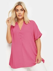 Yours Curve Pink Short Sleeve Half Placket Blouse - Image 1 of 5