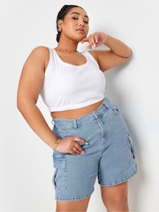 Yours Curve Blue Cargo Elastic Waist Shorts - Image 1 of 4