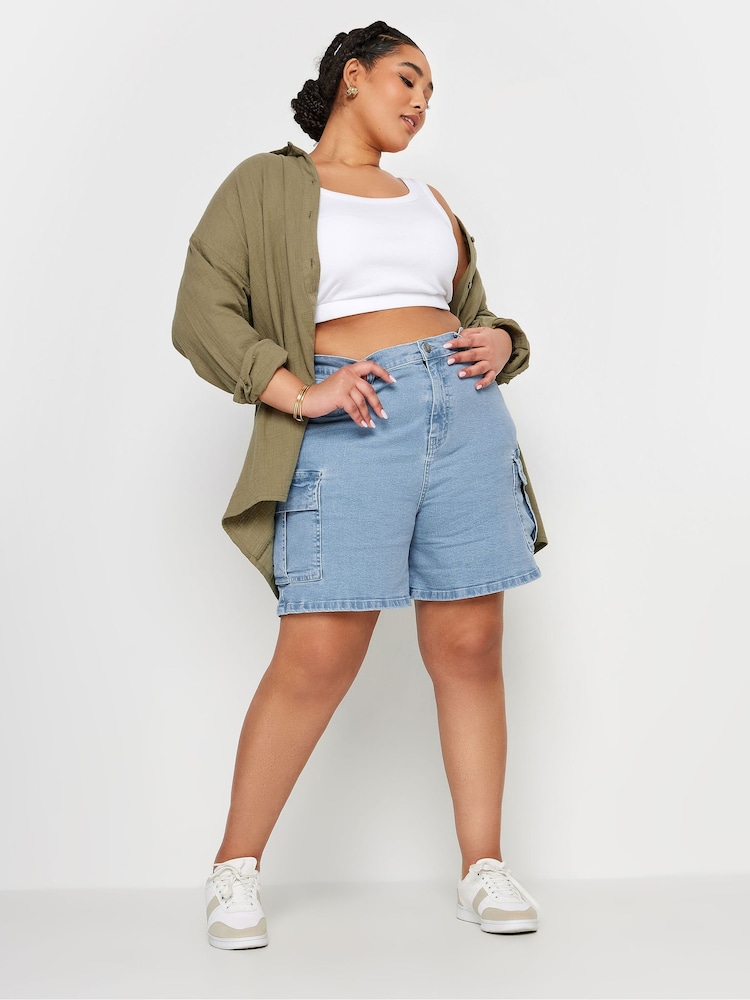 Yours Curve Blue Cargo Elastic Waist Shorts - Image 2 of 4