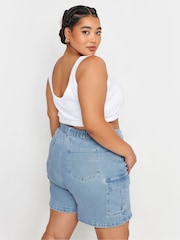 Yours Curve Blue Cargo Elastic Waist Shorts - Image 3 of 4