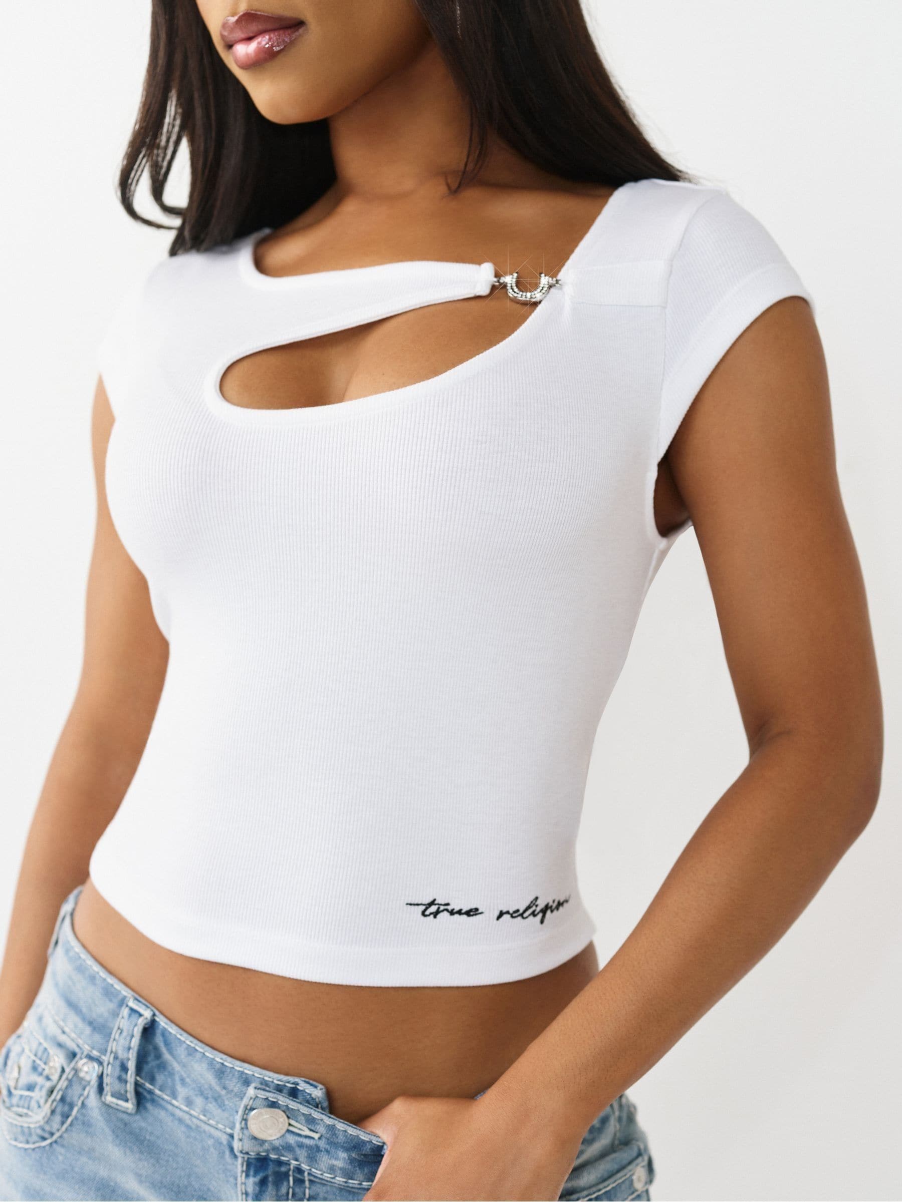 Buy True Religion White Crystal Hs Cut Out Rib Short Sleves Top