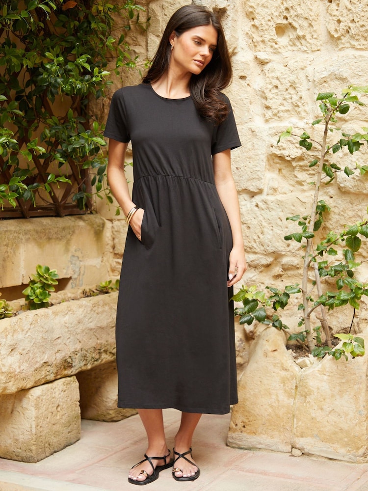 Threadbare Black 100% Cotton Smock Style Midi Dress - Image 3 of 4