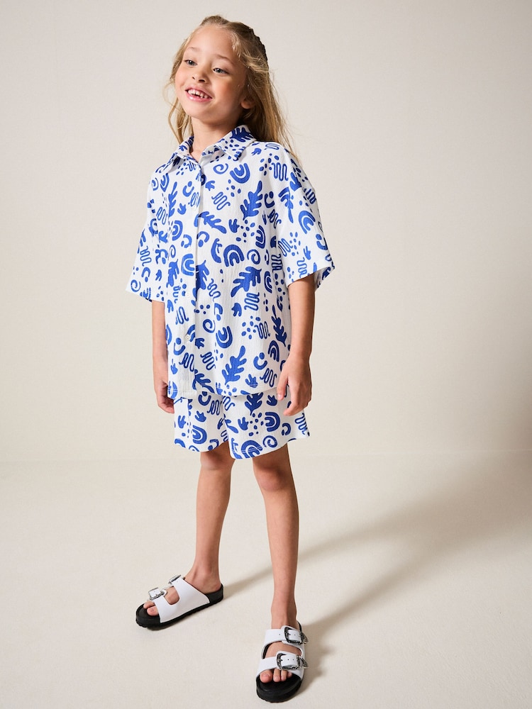 White/Blue Textured Shirt And Shorts Set (3-16yrs) - Image 2 of 7