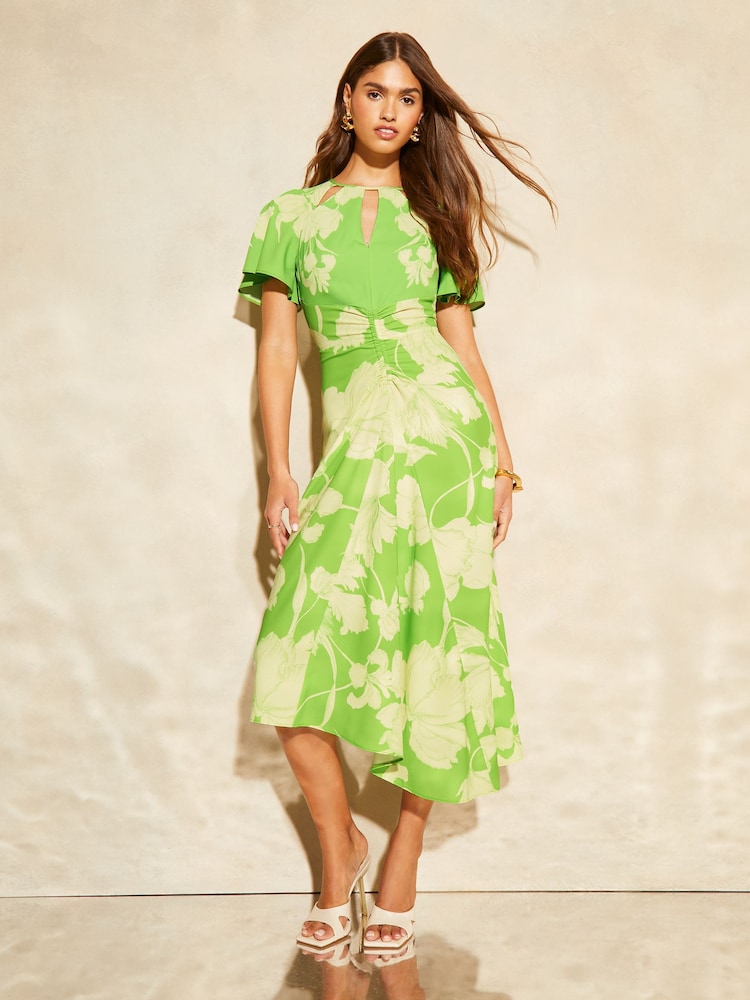 Lipsy Apple Green Floral Ruched Front Keyhole Cut Out Asymmetrical Midi Dress - Image 1 of 4 Lipsy Apple Green Floral Ruched Front Keyhole Cut Out Asymmetrical Midi Dress - Image 1 of 4