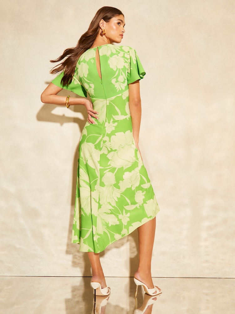 Lipsy Apple Green Floral Ruched Front Keyhole Cut Out Asymmetrical Midi Dress - Image 2 of 4 Lipsy Apple Green Floral Ruched Front Keyhole Cut Out Asymmetrical Midi Dress - Image 2 of 4