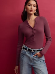 Burgundy Wine Ribbed Button Detail Long Sleeve Henley Bodysuit - Image 1 of 10