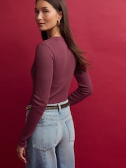 Burgundy Wine Ribbed Button Detail Long Sleeve Henley Bodysuit - Image 2 of 10