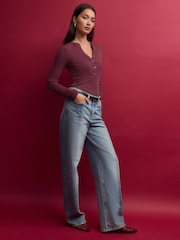 Burgundy Wine Ribbed Button Detail Long Sleeve Henley Bodysuit - Image 3 of 10