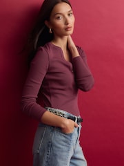 Burgundy Wine Ribbed Button Detail Long Sleeve Henley Bodysuit - Image 4 of 10
