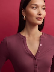 Burgundy Wine Ribbed Button Detail Long Sleeve Henley Bodysuit - Image 6 of 10