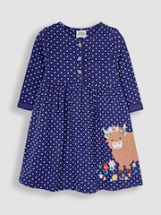 JoJo Maman Bébé Navy Blue Highland Cow Appliqué Button Front Dress - Image 1 of 3