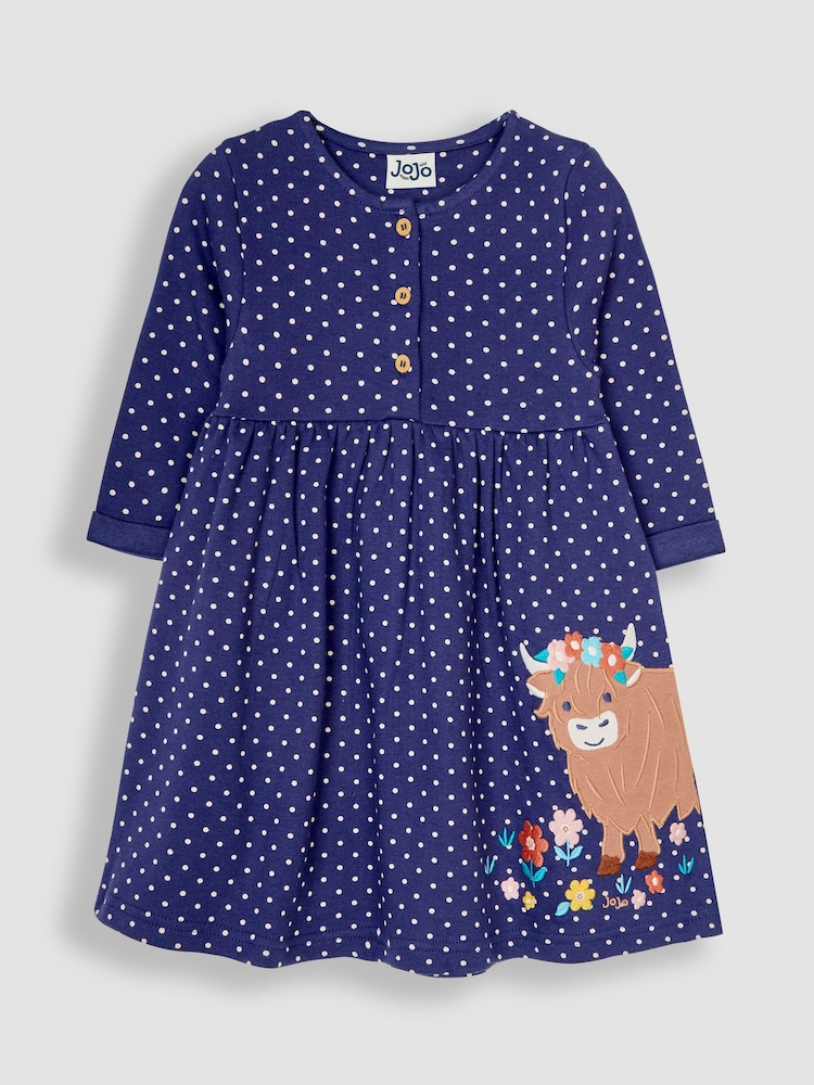 JoJo Maman Bébé Navy Blue Highland Cow Appliqué Button Front Dress - Image 1 of 3