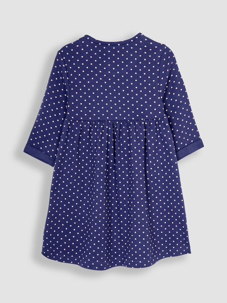 JoJo Maman Bébé Navy Blue Highland Cow Appliqué Button Front Dress - Image 2 of 3